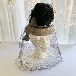 Vintage Wool Felt Hat with Lace Veil and Feather
